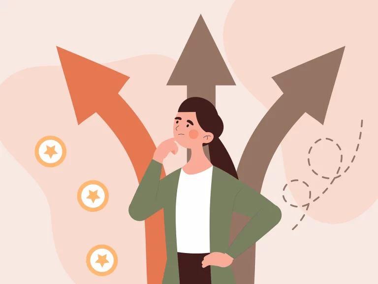 A woman thinking while three arrows behind her symbolize her career options and how she can choose her own path.