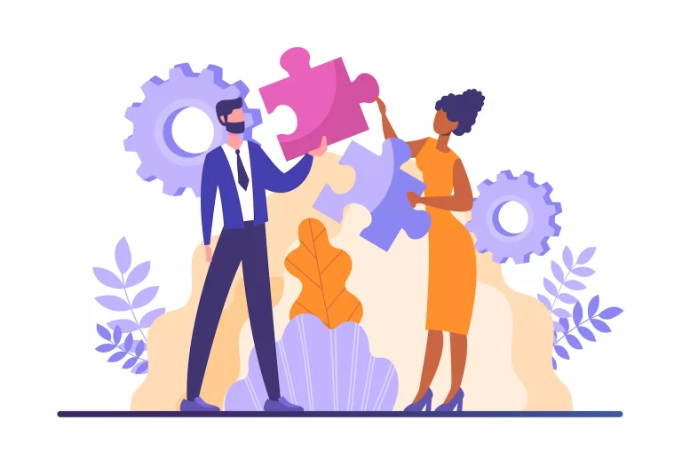 Two business professionals, a man and a woman, each holding a large puzzle piece, with gears floating around them, symbolizing collaboration and the mechanics of project execution.