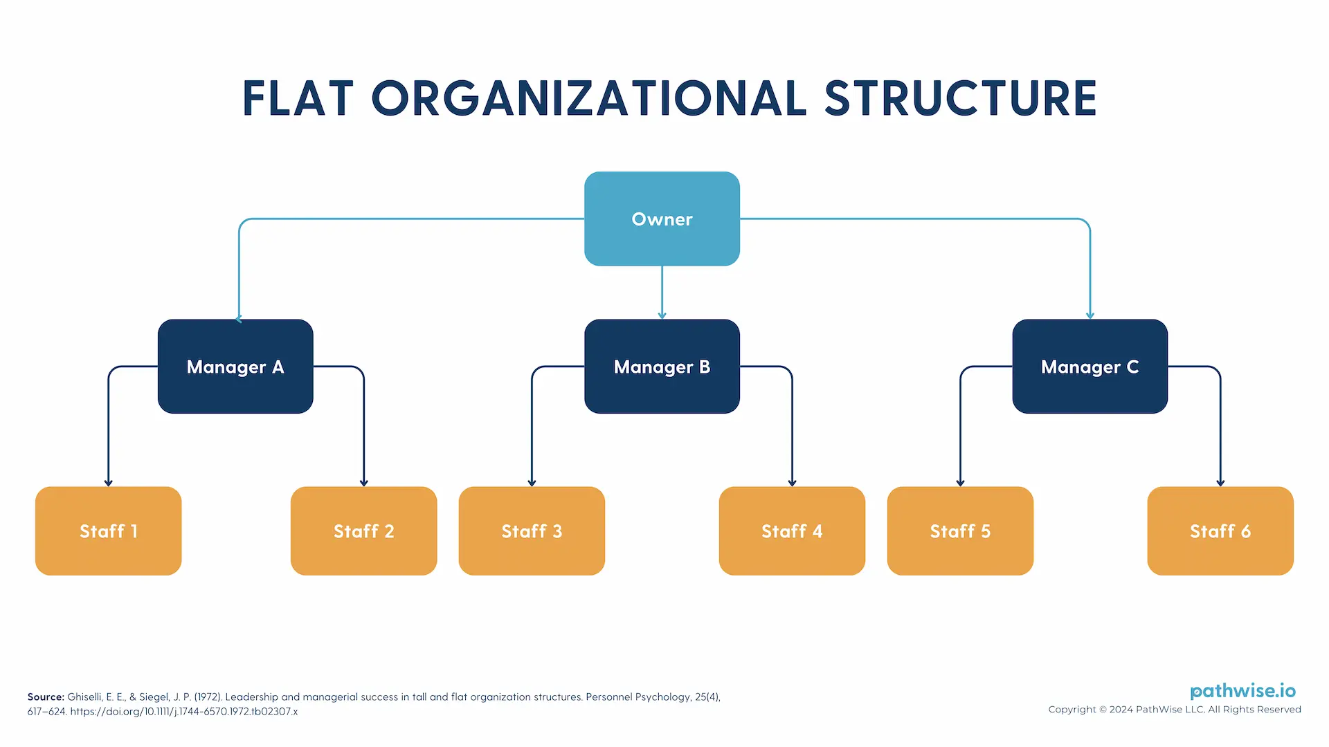 Chart depicting a flat organizational structure with few hierarchical layers, promoting equal communication and autonomy.