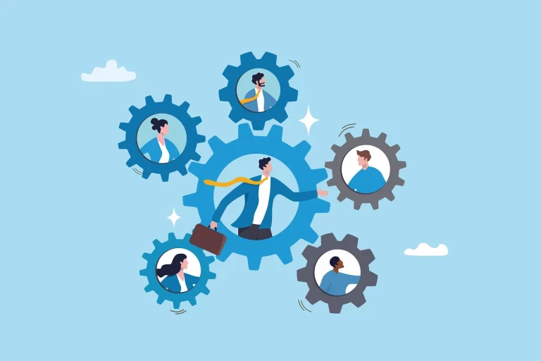 Cartoon illustration of five business professionals inside interconnected gears surrounding a central figure, representing a leader delegating tasks. The image symbolizes teamwork, collaboration, and effective delegation in leadership.