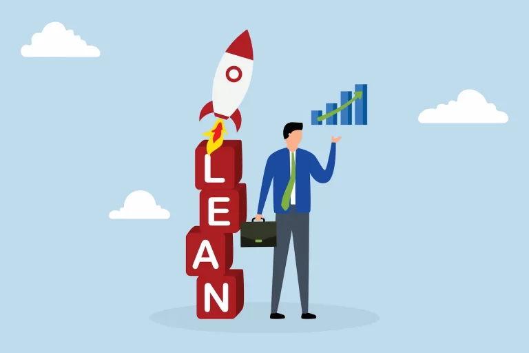 A vector of a man in a suit beside stacked cubes spelling LEAN with a rocket on top, symbolizing lean growth by eliminating waste.