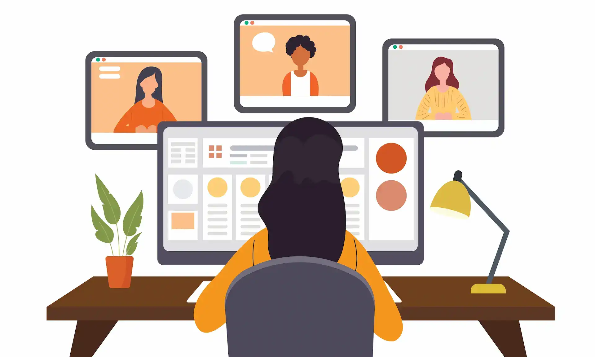 Cartoon illustration of a woman managing multiple digital interfaces on her computer, reflecting capability in handling complex systems.