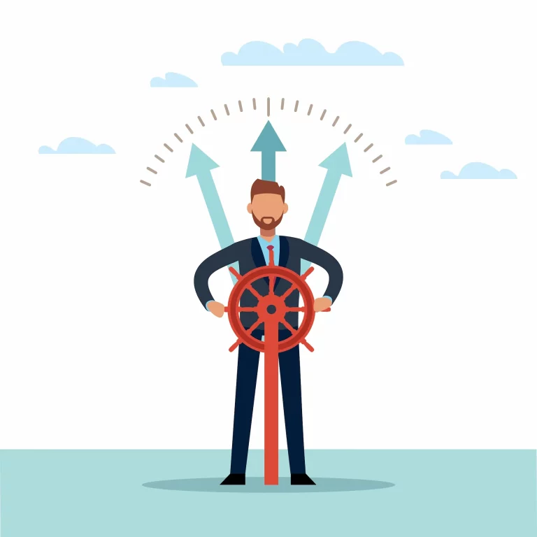 A man in a suit holding a ship's helm with arrows pointing in three different directions behind him, representing how successful professionals foster the skills needed for organizational navigation.