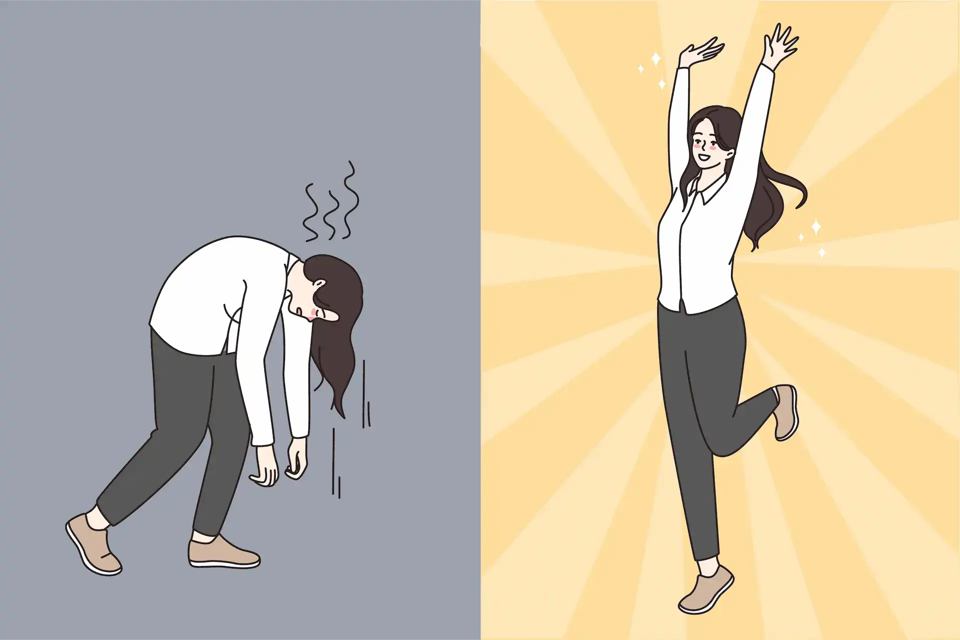Illustration showing a tired, slouched woman on the left and a happy, energized woman on the right, symbolizing the contrast between burnout and well-being at work.