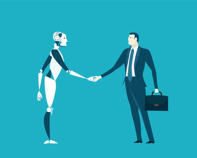A man in a suit shaking hands with a robot, symbolizing future collaboration with technology as a way to future-proof your career.
