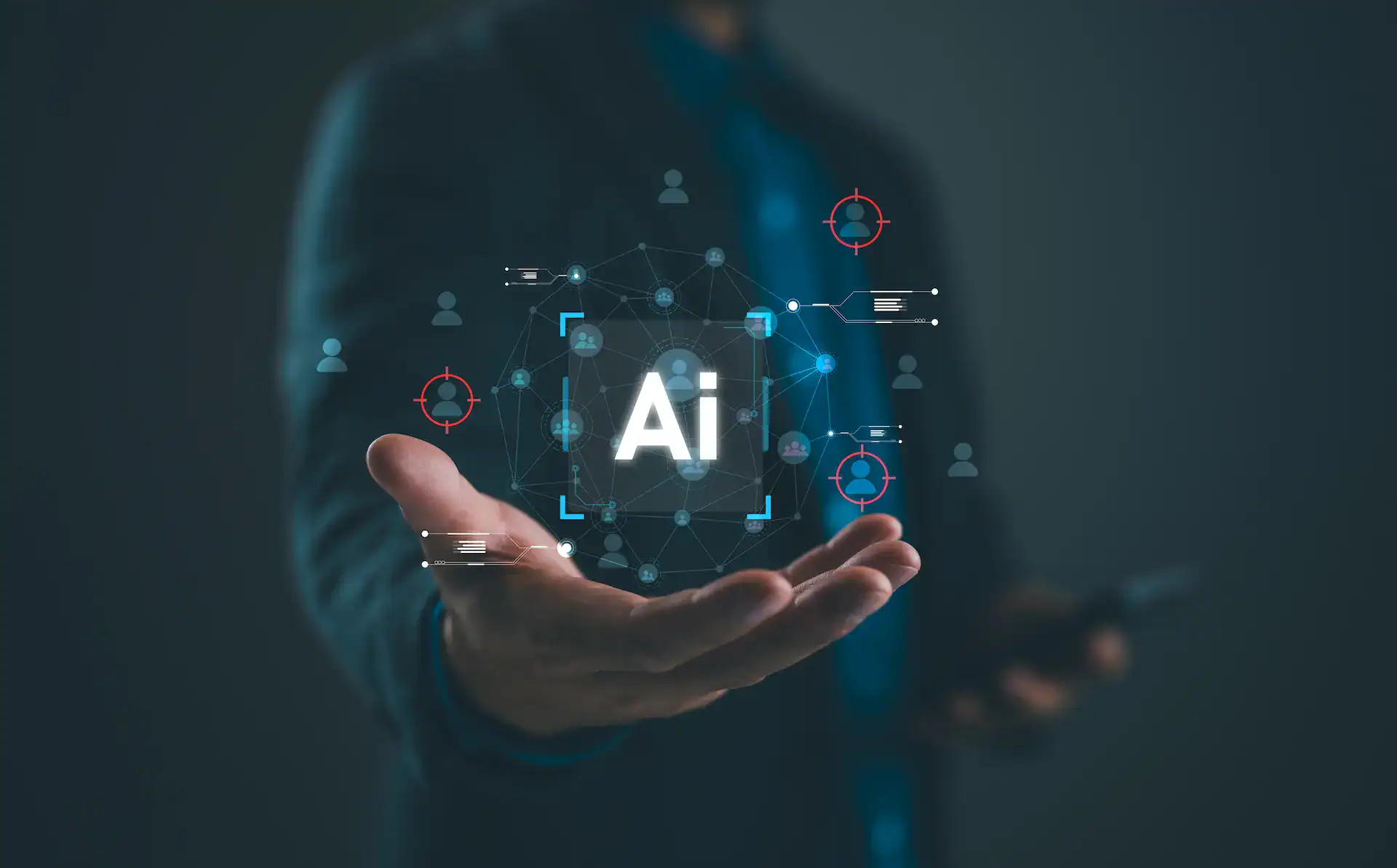 A man in a suit holding a holographic symbol of AI, denoting the future of work.