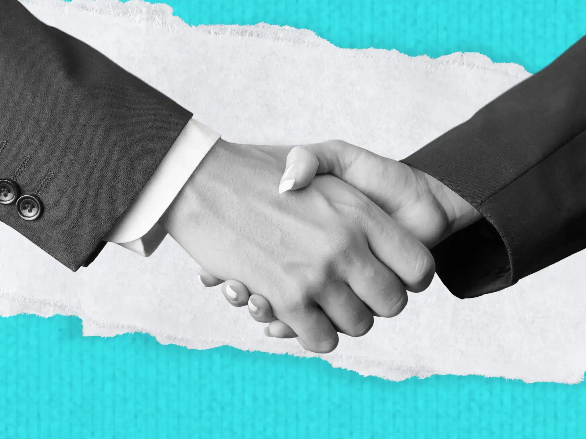 Close-up of a handshake between two people in business attire, symbolizing negotiation, set against a torn paper and teal background.