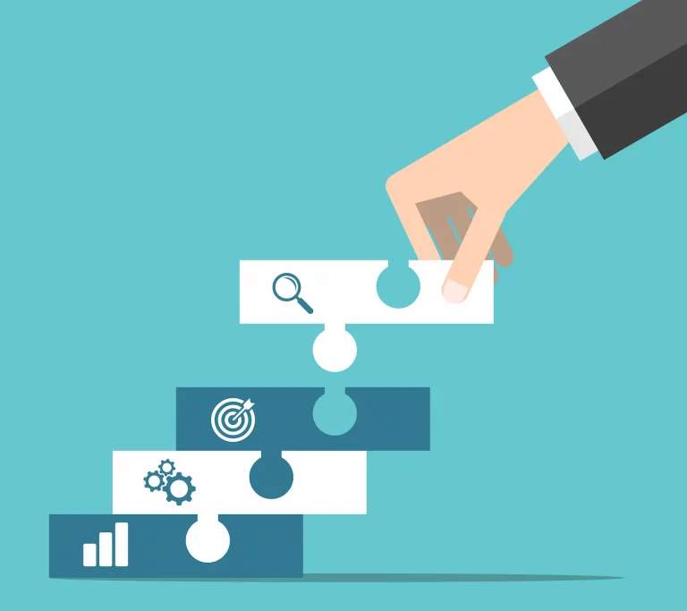 Hand placing building blocks with different symbols representing disctinct skills, forming a set of stairs, symbolizing the effects of skill stacking.
