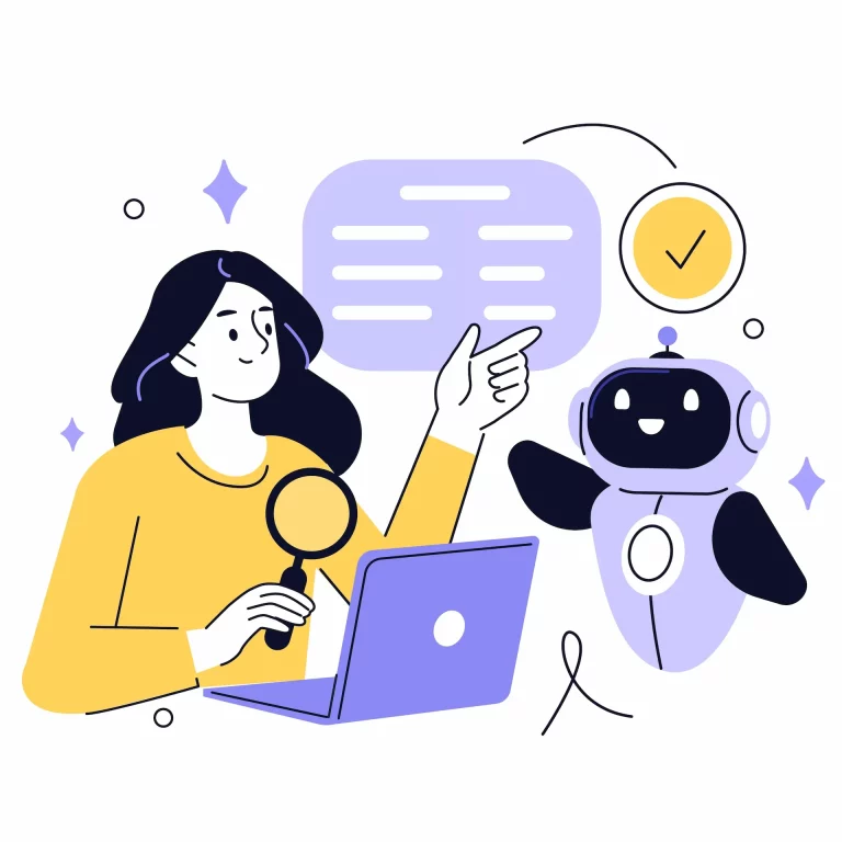 A woman interacting with a robot that represents AI while writing an article on her laptop, showing how technology supports her career work.
