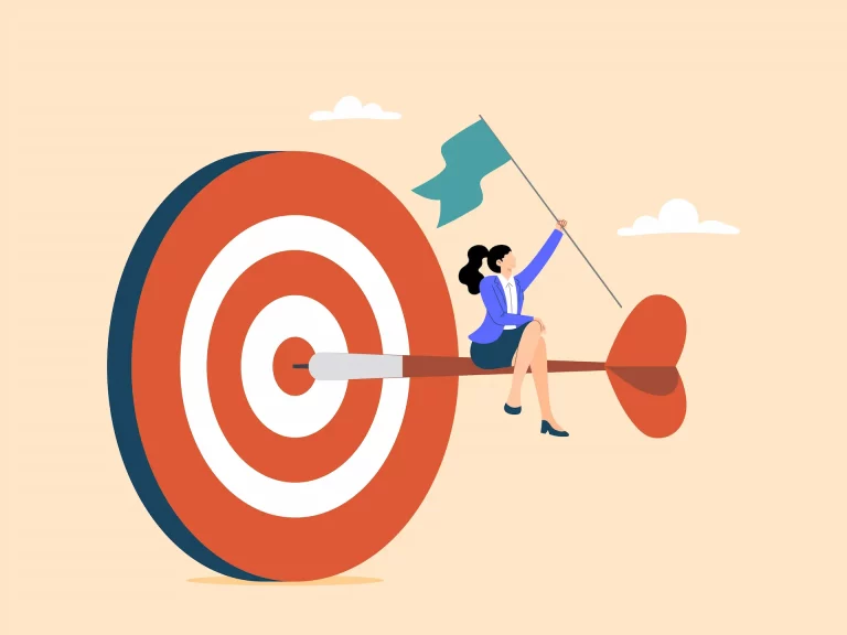 An illustration of a woman holding a flag and sitting on a dart that has hit the bullseye of a target, symbolizing successful goal setting.