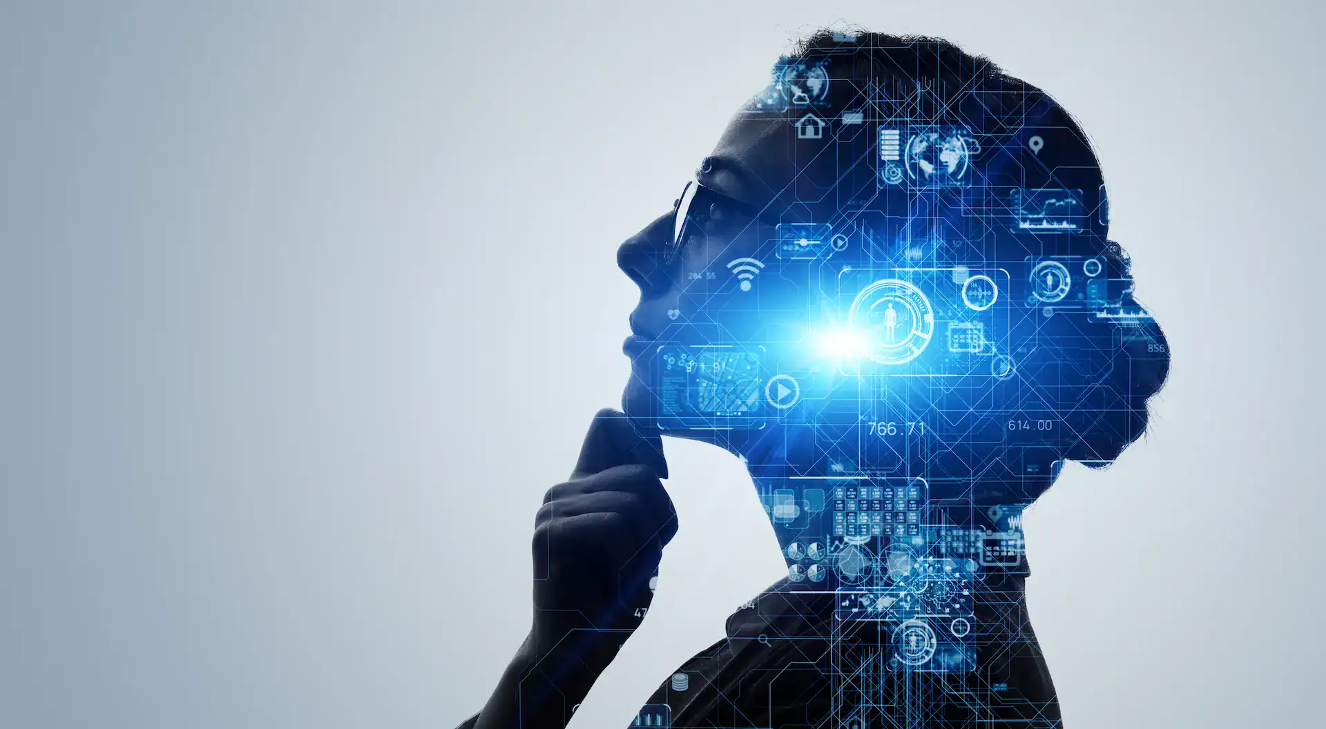 A woman thinks deeply as AI and tech icons float around her head, representing how AI influences career decisions.