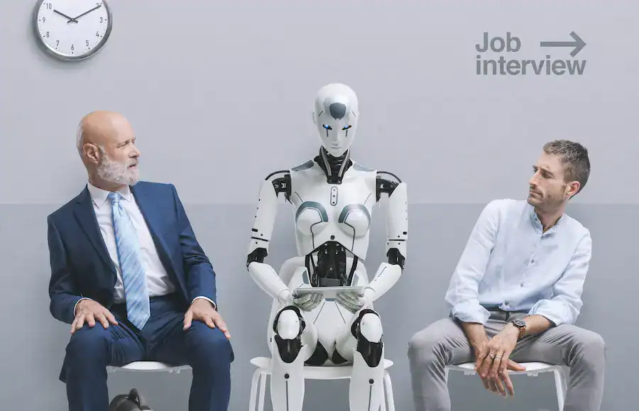 Two men sit beside a humanoid robot in a waiting area marked “Job interview,” highlighting concerns about AI competing with humans in the workplace.