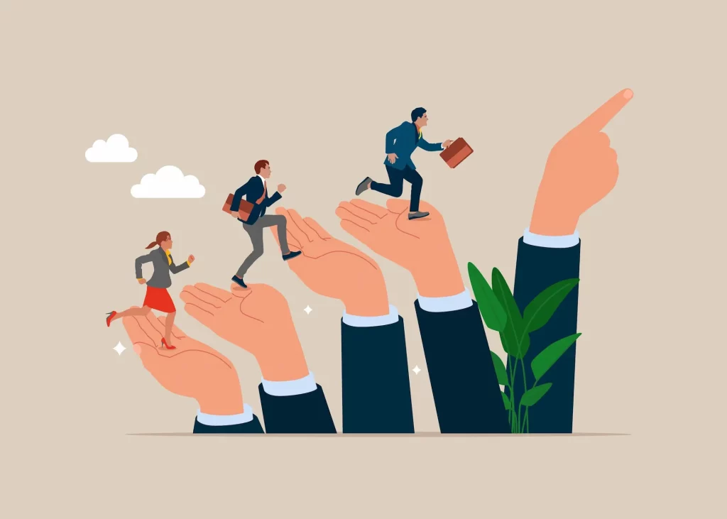 A series of hands aligned, forming a staircase with workers climbing up, showcasing the role of a quiet leader as a supporter and helper.