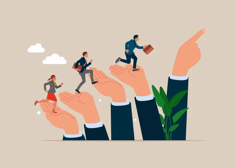 A series of hands aligned, forming a staircase with workers climbing up, showcasing the role of a quiet leader as a supporter and helper.