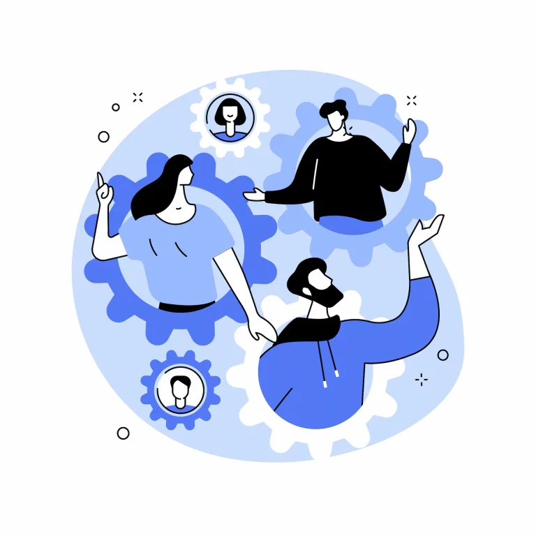 A stylized illustration showing three people in gears, symbolizing how they fit into their roles within an organization.