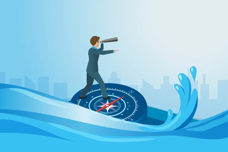 An illustration of a suited man standing on a compass, using a telescope to navigate a sea of waves, symbolizing how values provide guidance and vision in career management.
