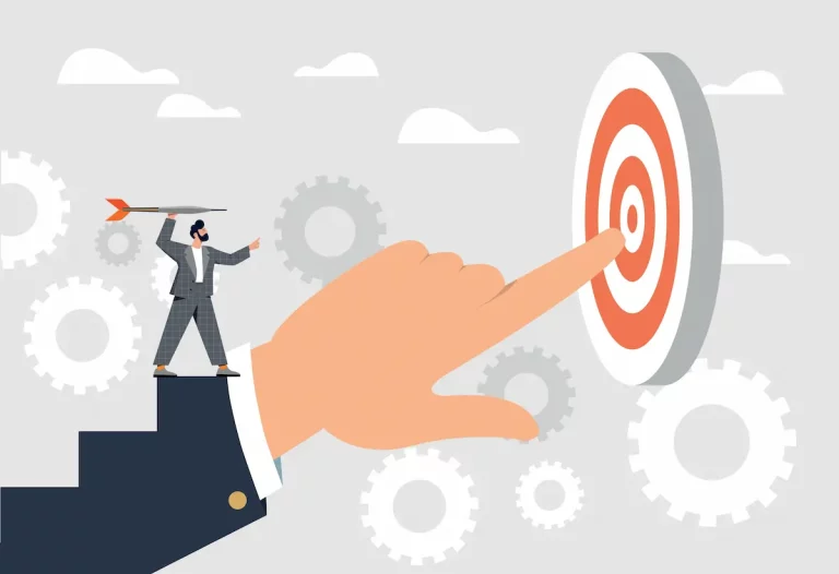 An illustration of a large arm and hand pointing toward a target, with a person walking over the arm and holding a dart toward it, symbolizing the role of managers in setting expectations for their team members.