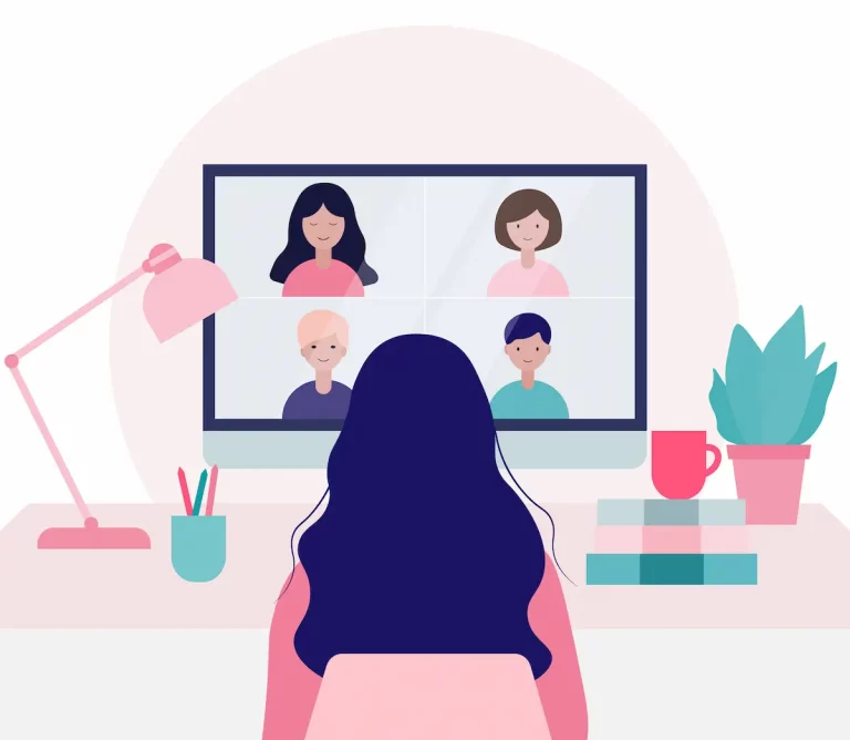 An illustration showing a woman from behind, participating in a remote meeting with four other people on her computer, representing remote presence.
