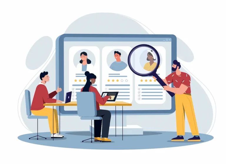 An illustration showing the hiring process with a large screen displaying candidate profiles.