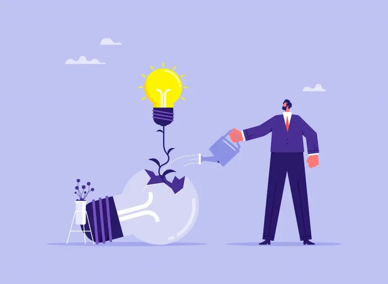 An illustration of a man watering a plant growing from a broken lightbulb, representing how to grow and learn from mistakes.