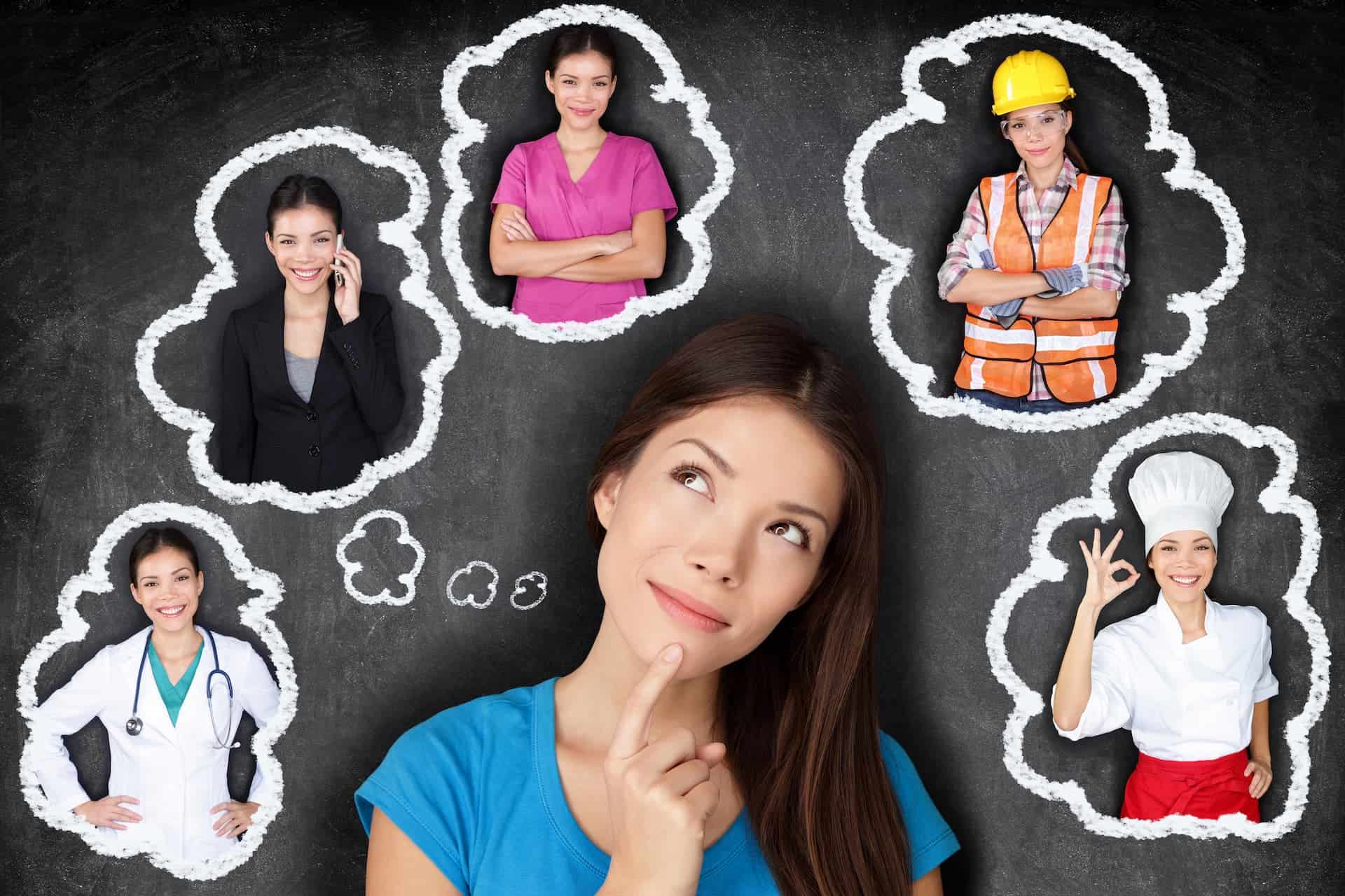 A woman visualizing herself following different career paths.