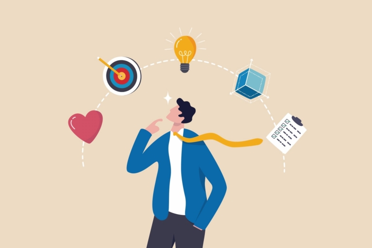 A man in a suit looking at a heart, target, lightbulb, cube, and checklist, symbolizing various elements of prototyping and innovation.