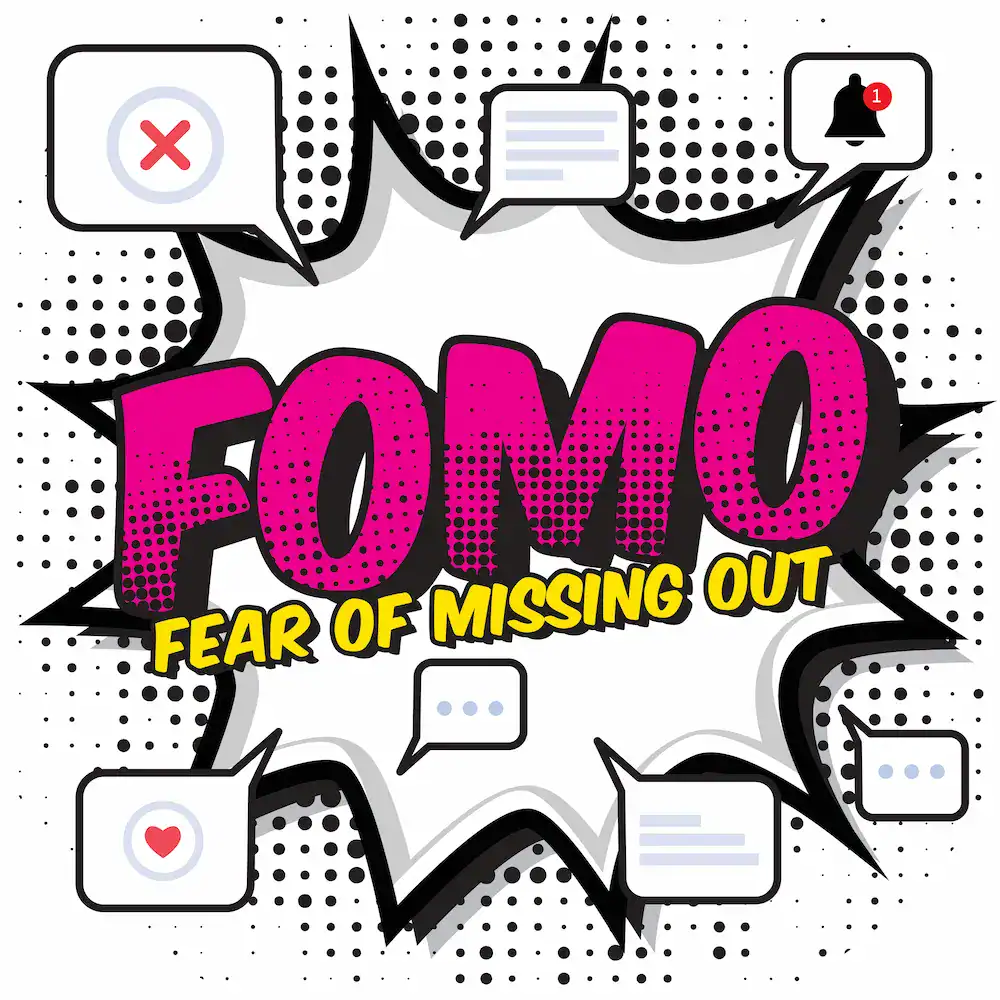FOMO concept graphic with notifications and messages illustrating distraction and the pressure to stay constantly connected.