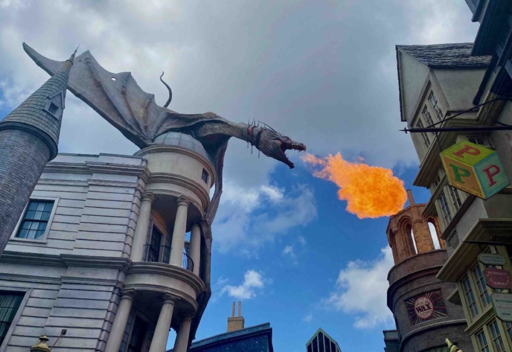 Dragon breathing fire above a city street, symbolizing strong emotional reactions and the values or priorities we instinctively protect.