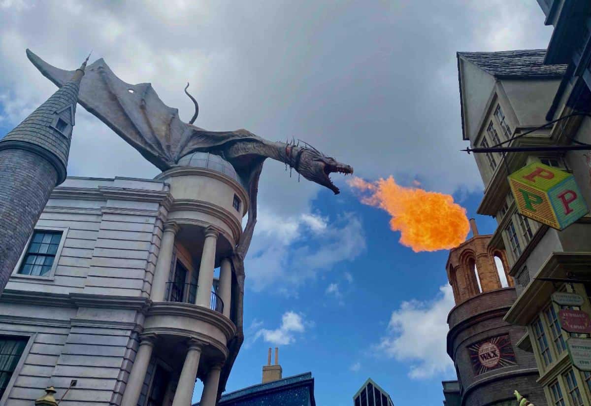 Dragon breathing fire above a city street, symbolizing strong emotional reactions and the values or priorities we instinctively protect.