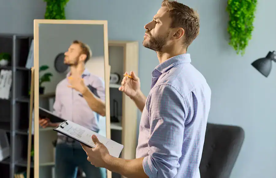 Professional pausing to reflect while looking into a mirror, symbolizing self-awareness, emotional intelligence, and thoughtful decision-making.