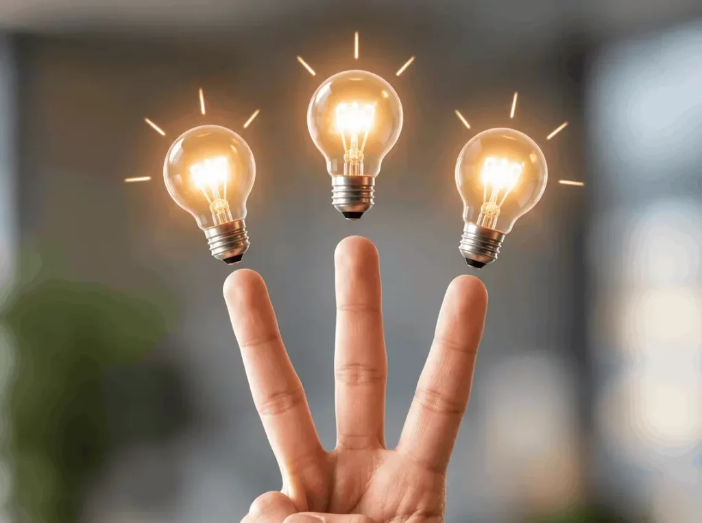Three glowing light bulbs above three raised fingers, representing three ideas for career growth.